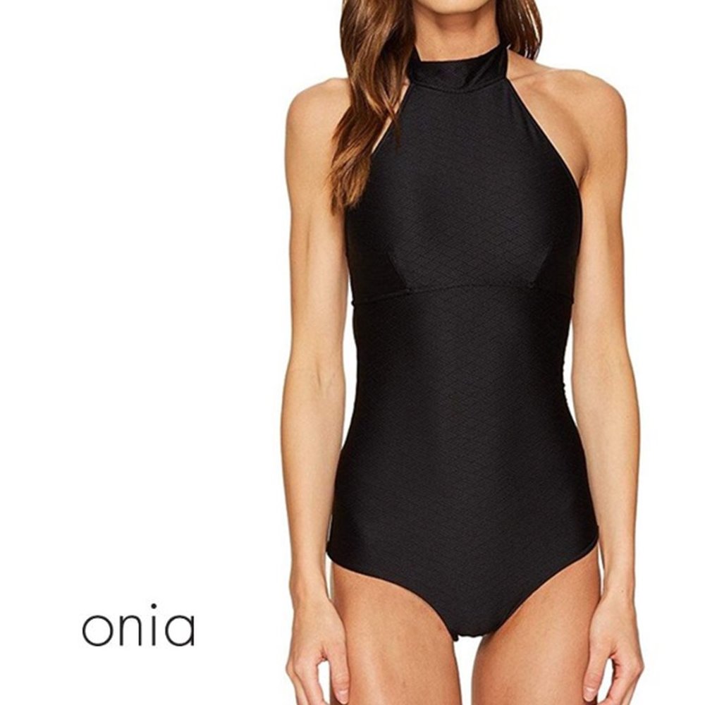 ONIA Heather High NeckTextured Black Swimsuit